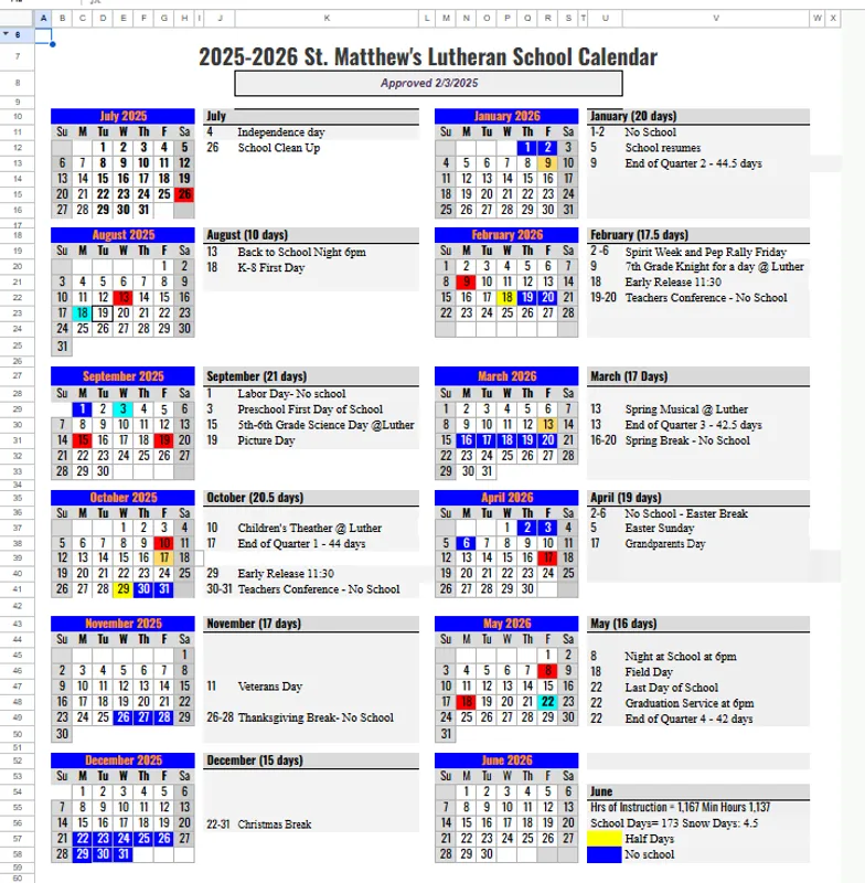 Calendar - St. Matthew's Lutheran School