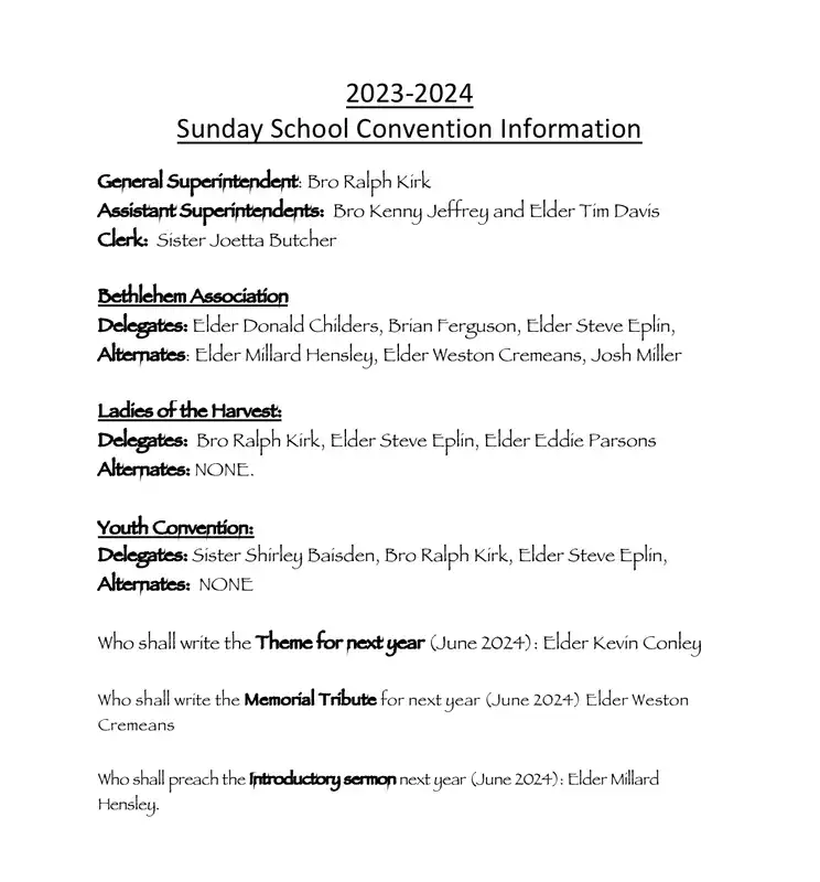 Bethlehem Association of United Baptist Churches 20232024 Sunday