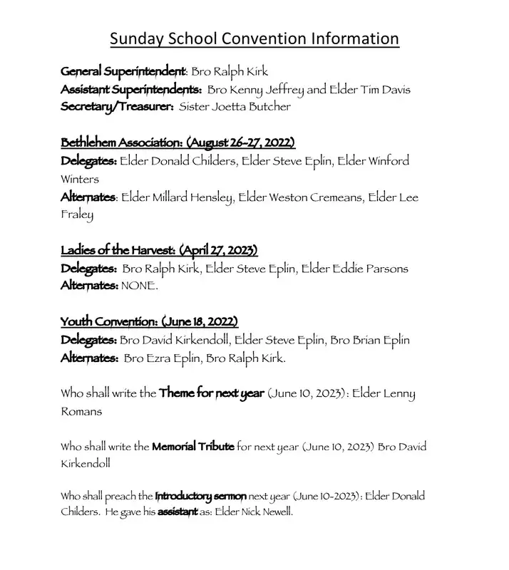 2022-2023 Sunday School Elections - Bethlehem Association of United